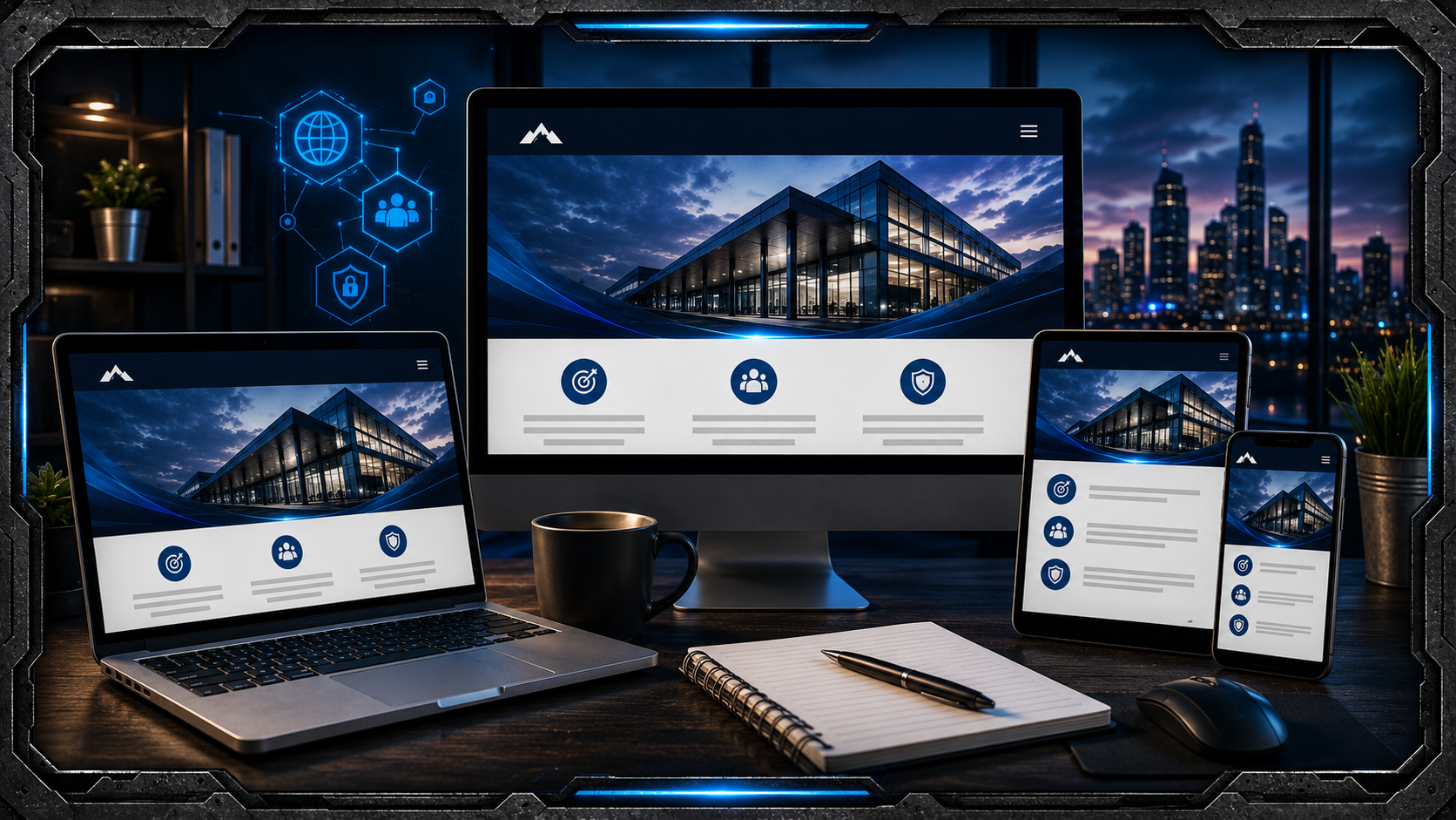 Professional small business website displayed across desktop, laptop, tablet and smartphone screens.