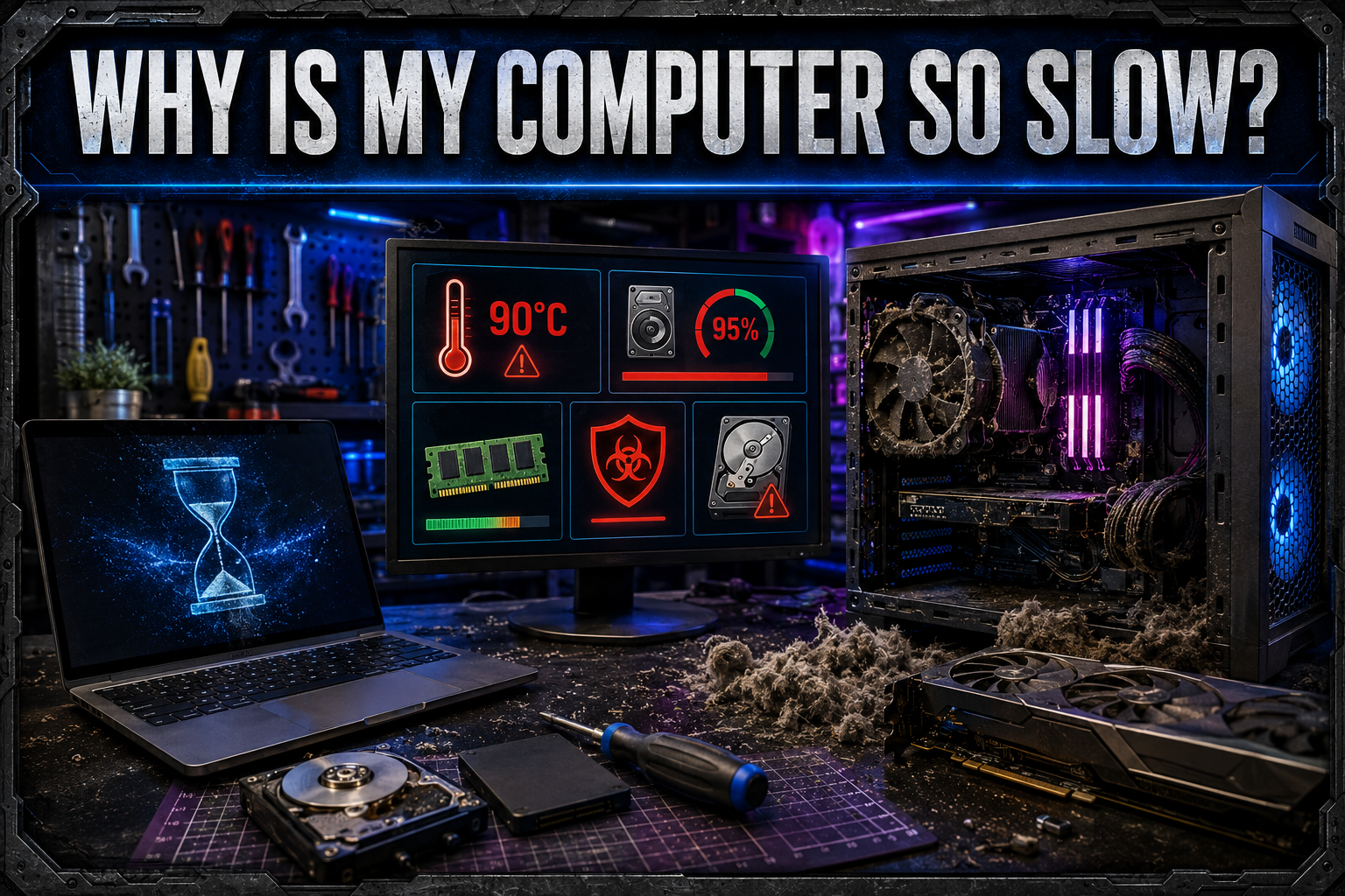 Slow desktop computer being diagnosed and repaired by a computer technician.
