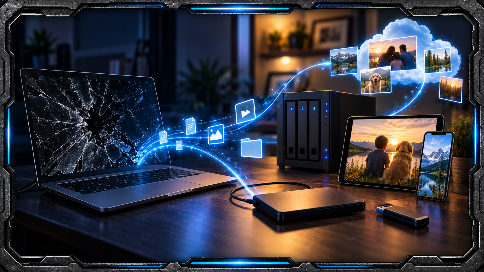 Damaged computer with photos and files being safely copied to external storage and secure off-site backup.